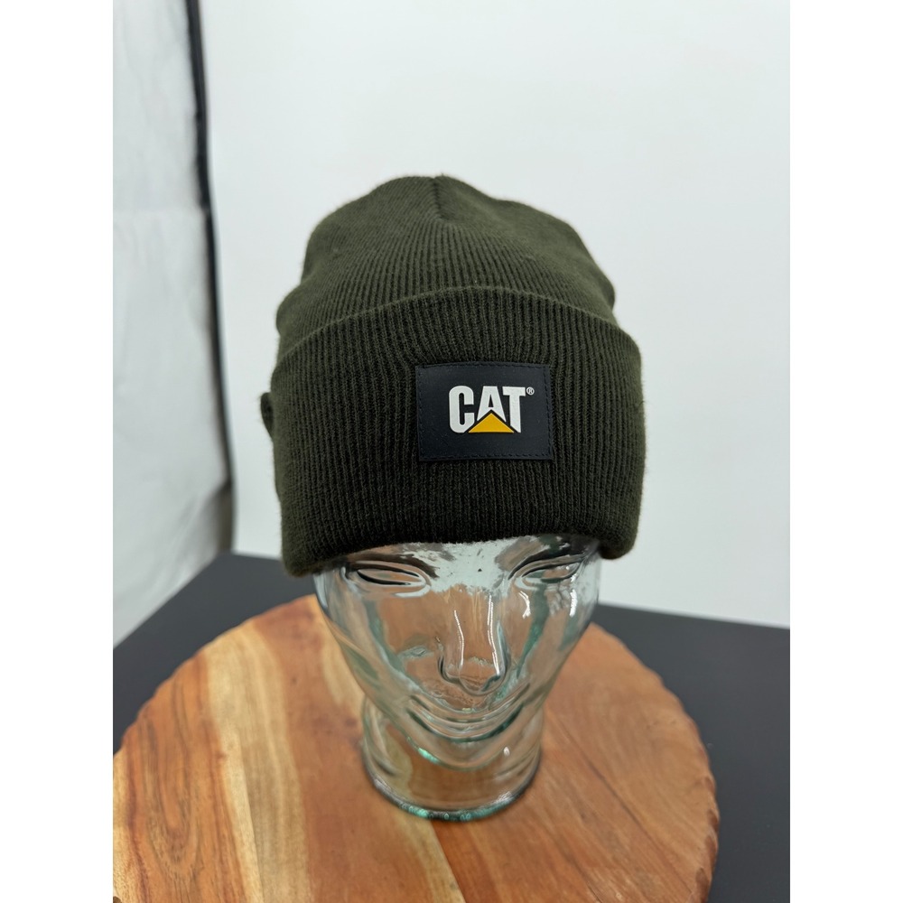 CAT Caterpillar Cuffed Beanie Hat Mens OS Olive Green Logo Patch Knit
